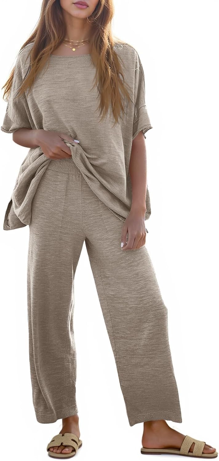 Tankaneo Women’s 2 Piece Travel Outfits Casual Short Sleeve Knit Sweater Set Wide Leg Pants Lounge Sets Tracksuit