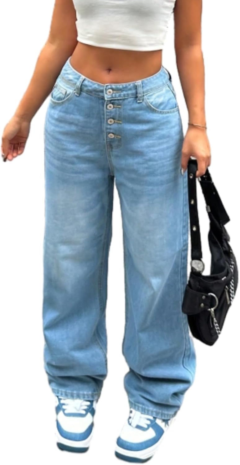 Womens Baggy Jeans Casual Wide Leg Jeans Boyfriend Low Rise Denim Streetwear Button Fly Loose fit Trendy Pants