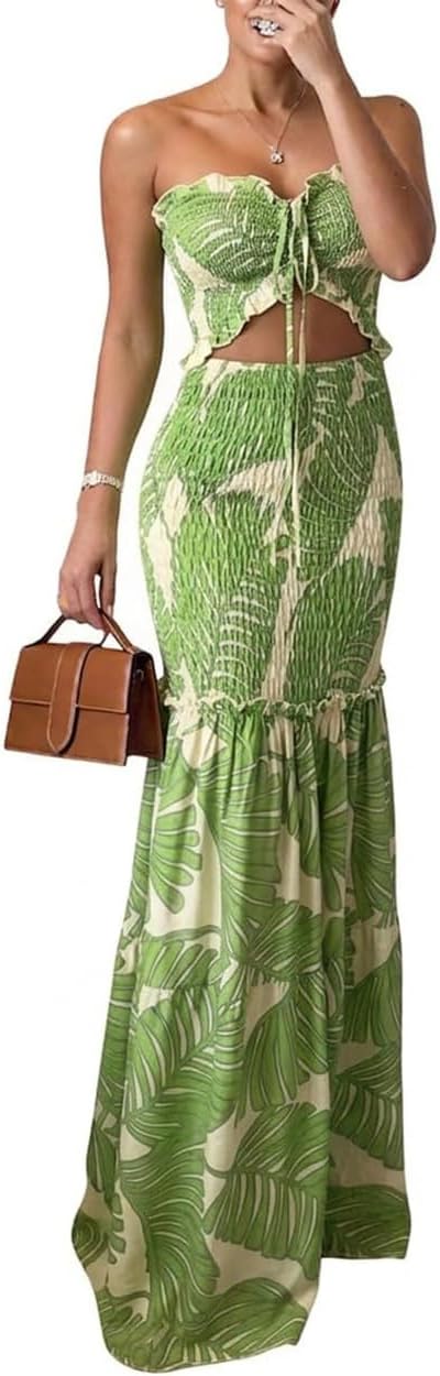 CHICME Floral Printed Vacation Dress Halter Tie Ruched Shirred Bandeau Party Dress Slim Ruffle Hem Wedding Guest Dress