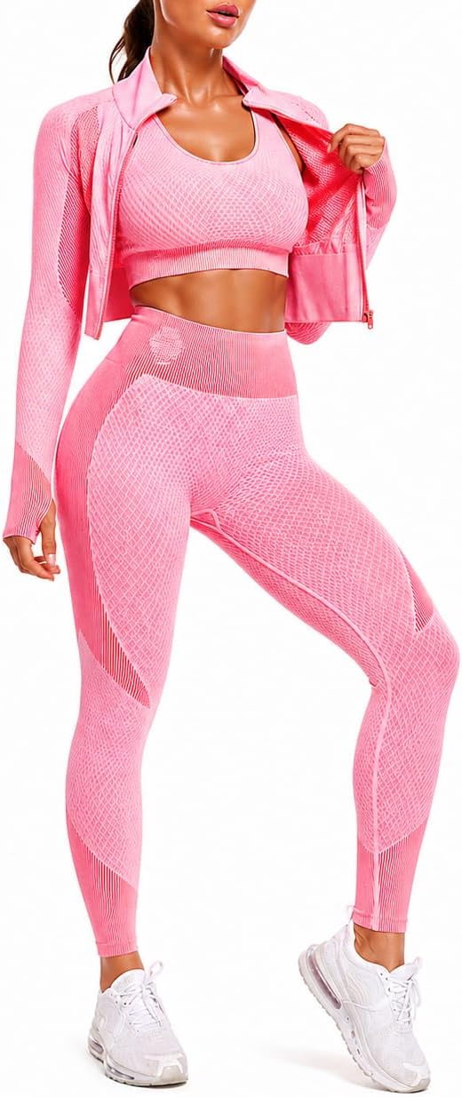 Women’s 3 PC Seamless Gym Clothing Workout Outfit with Jacket Bra & Leggings Set