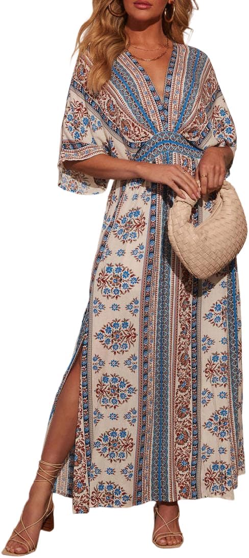 Women’s Boho V Neck Maxi Dress, Blue White Floral Print Batwing Half Sleeve Split Beach Dress
