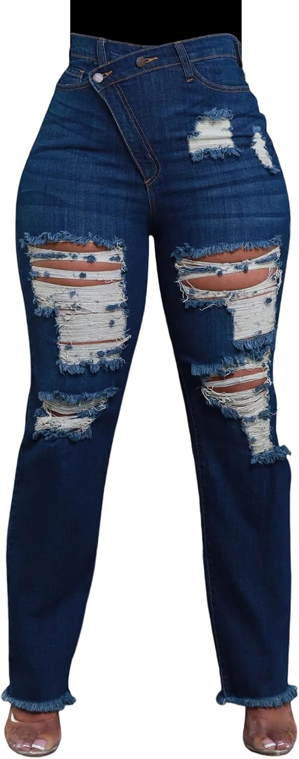 HugeNice Women’s Wide Leg Jeans Casual Mid Rise Stretchy Straight Leg Denim Pants