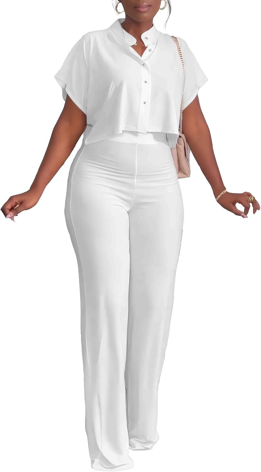 HBQ Women’s Summer 2 Piece Outfits Casual Tracksuit Short Sleeve Button Down Crop Top Wide Leg Long Pant Lounge Sets