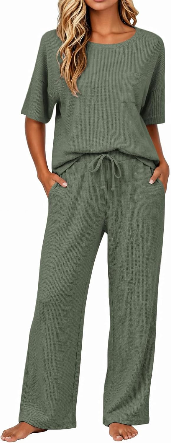 JiniGolla Womens Pajama Sets Waffle Knit Short Sleeve Shirt with Long Pajama Pants Soft Sleepwear Pj Lounge Sets