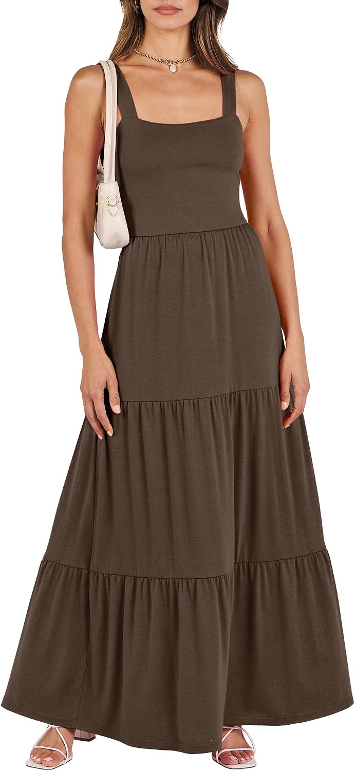 ANRABESS Women’s Summer Casual Long Maxi Beach Vacation Dresses Sleeveless Square Neck Flowy Tiered Sun Dress with Pockets