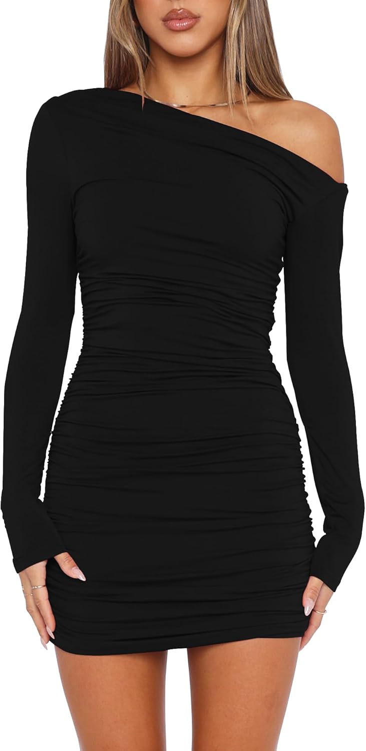 Mokoru Women’s Sexy Elegant Off Shoulder Long Sleeve Ruched Bodycon Cocktail Party Mini Dresses