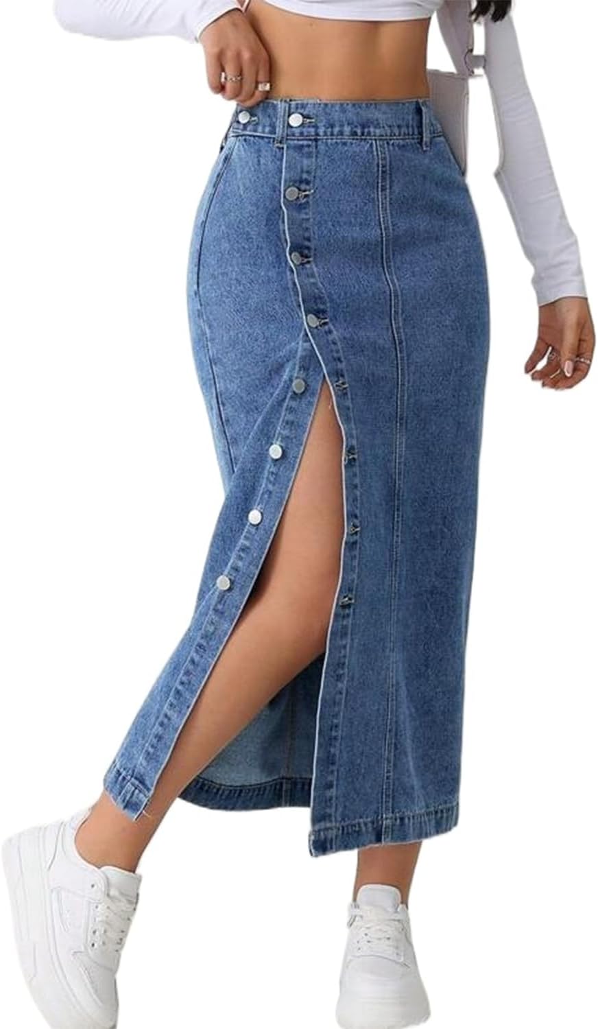 Women’s Casual Slit Denim Midi Jean Skirt Stretch High Waisted Button Up Frayed with Pockets