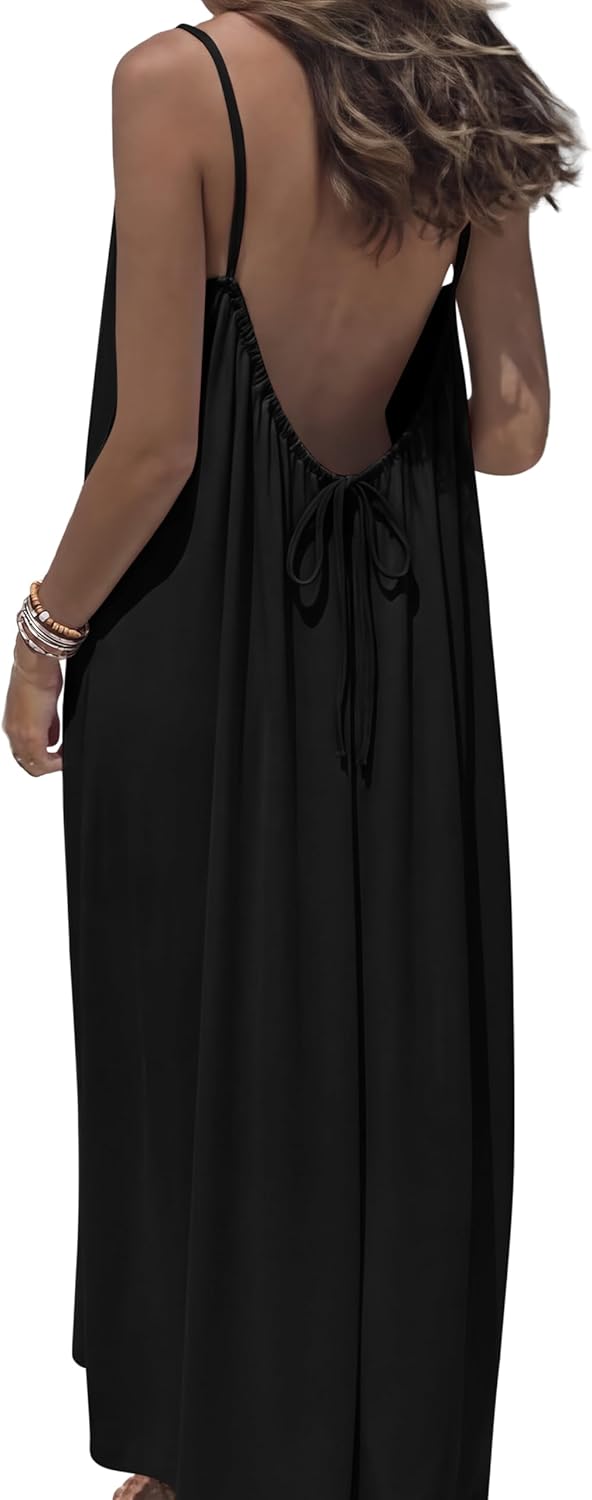 OFEEFAN Summer Dresses for Women 2026 Backless Cami Maxi Sundresses Spaghetti Strap Beach Vacation Clothes Swimsuit Coverup
