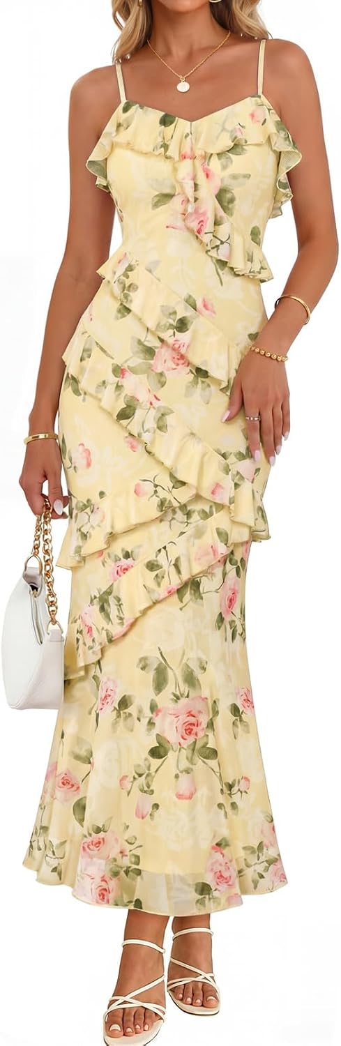 MEROKEETY Summer Floral Wedding Guest Maxi Dress Women 2026 Vacation Formal Bodycon Spaghetti Strap Cocktail Party Long Dress