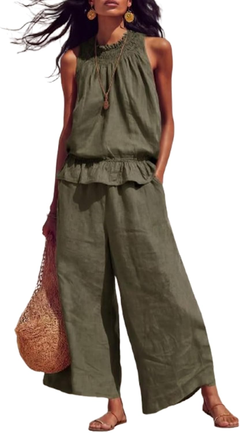 Moonboat Outfits Sleeveless Ruffle Top Wide Leg Pants, Women Summer Linen Sets for Loungewear Beach Travel