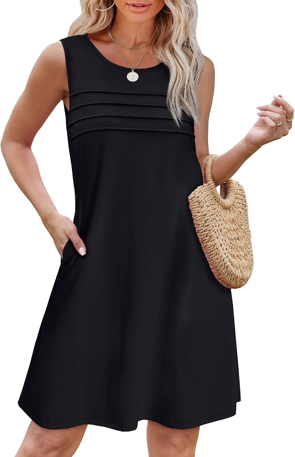OFEEFAN Womens Pleated Front Tank Dresses Fashion Spring Sleeveless Pockets Sundress Casual Summer