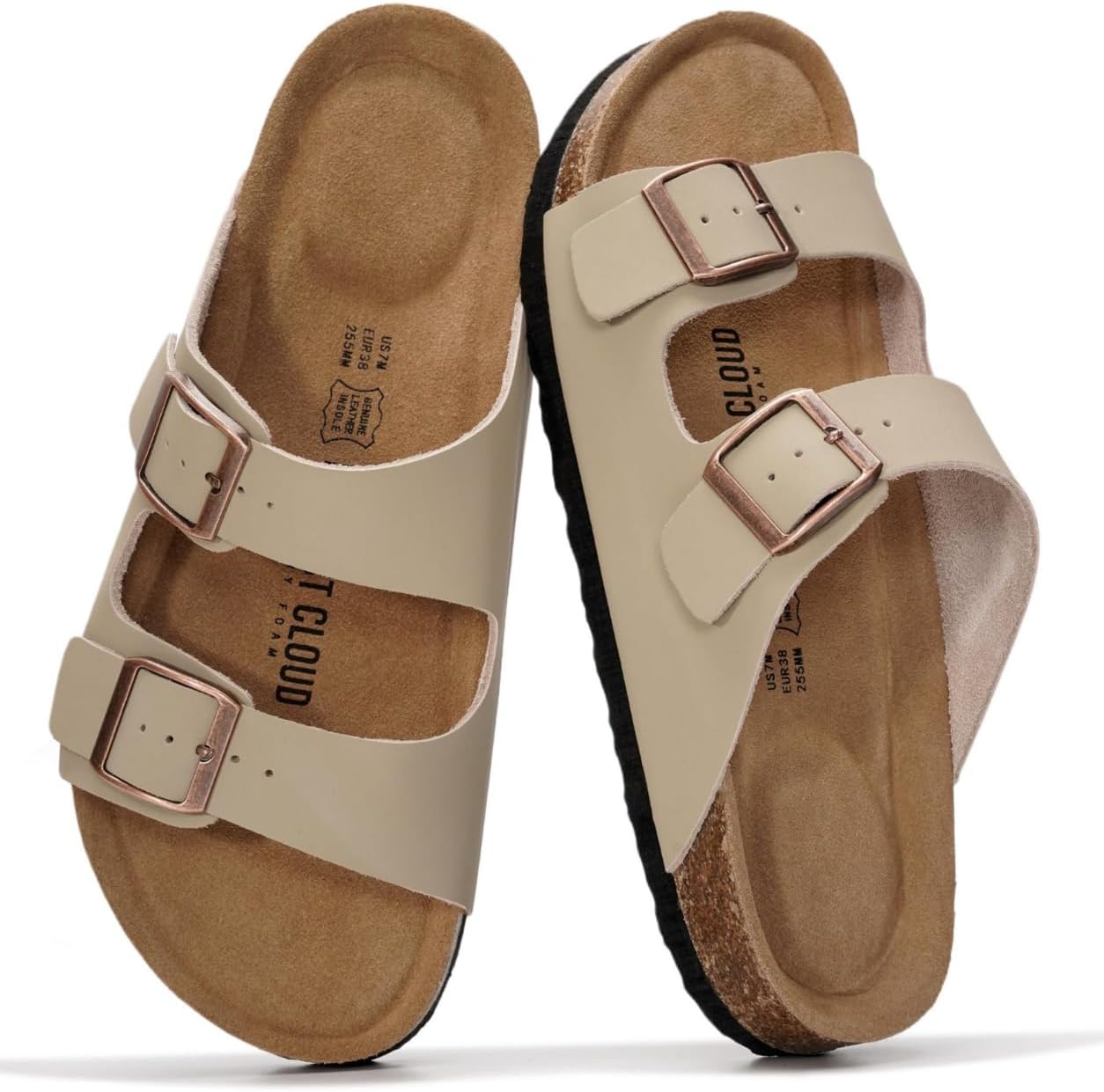 Project Cloud 100% Genuine Leather Flat Sandals For Women 2026 Cork Footbed Womens Sandals with Memory Foam and arch support Vacation Essentials Slides for Women Footwear (Venita)