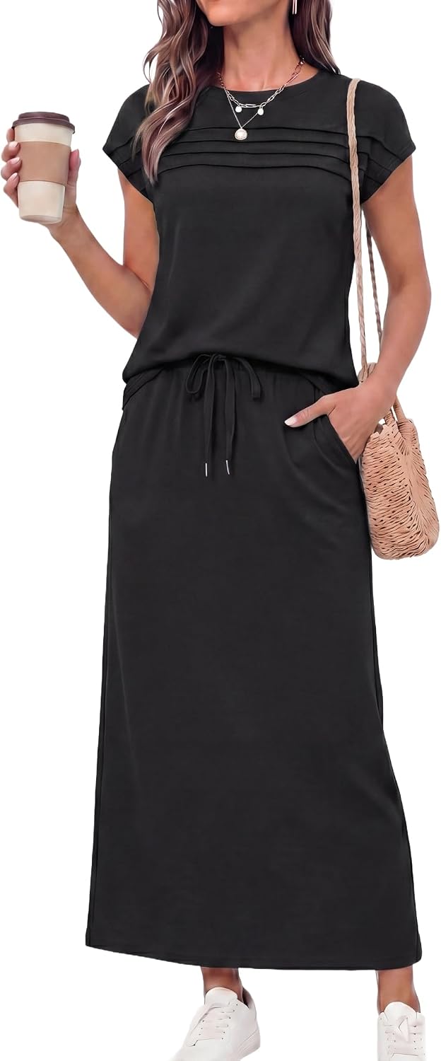 GRECERELLE Womens 2 Piece Skirt Set Casual Matching Outfit | Crew Neck,Cap Sleeve,Pleated Front,Drawstring Waist Maxi Skirt,Side Pockets,Soft Lightweight,Everyday Wear,Medium Stretch