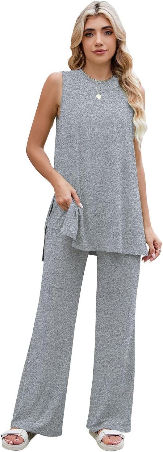 Mrskoala Women 2 Piece Outfits Summer Casual Lounge Sets Flare Pants Tank Top Loose Tracksuit