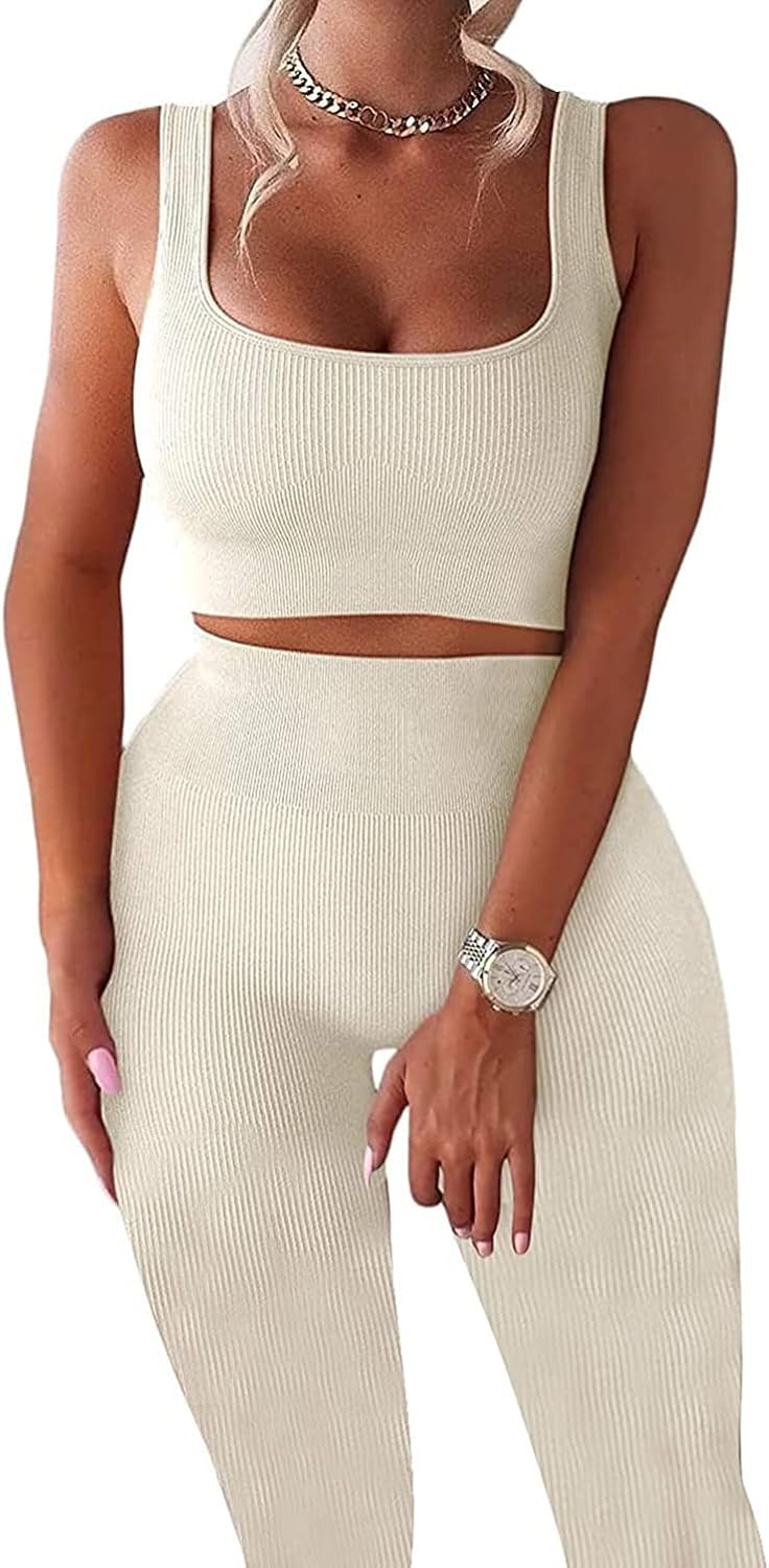 Women’s Workout Outfits Ribbed Tank 2 Piece Seamless High Waist Gym Outfit Yoga Shorts Leggings Sets