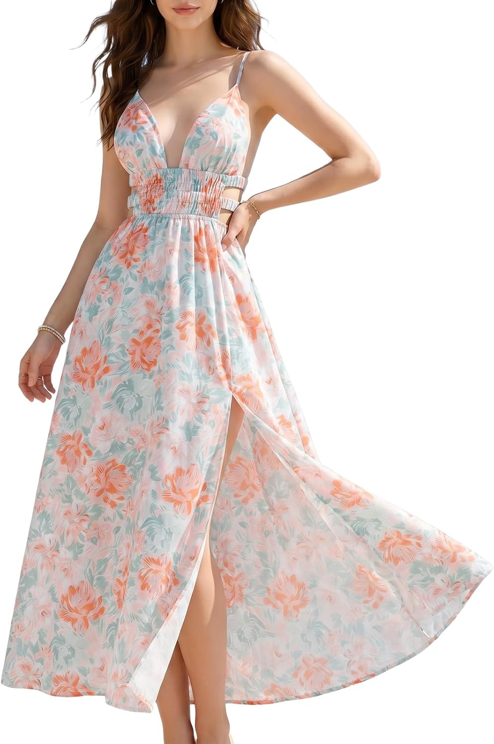 SUNSTORY Women’s Floral Maxi Dress: 2026 V Neck Backless High Slit Boho Beach Sundress，Spaghetti Straps Slip Dress
