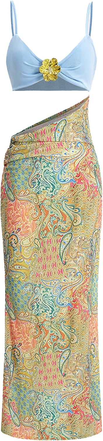 Women’s Bra Cut Out Maxi Dress Sexy Boho Paisley Contrast Pattern Slip Sleeveless Bodycon Long Dress