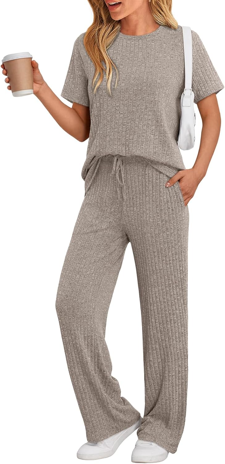 LILLUSORY Womens Lounge Sets 2 Piece Matching Travel Outfits | lightweight ribbed 2 piece set, breathable, stretchy, wrinkle-resistant, travel ready, versatile