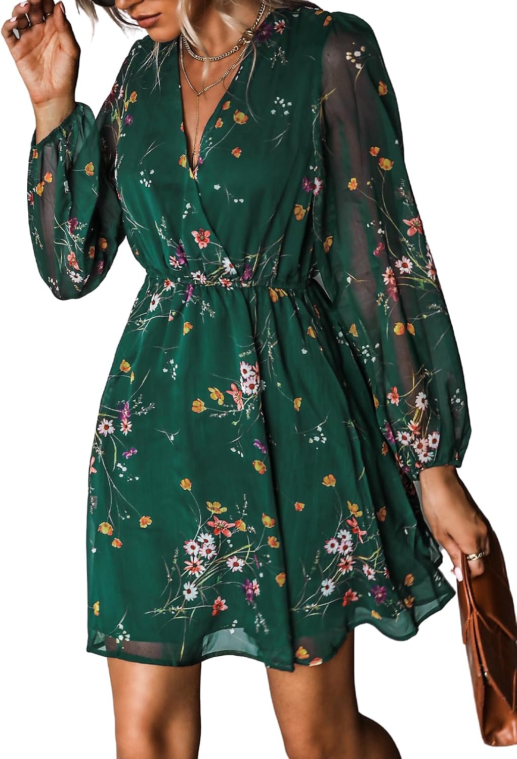 CUPSHE Women’s Mini Dresses Casual Spring V Neck Chiffon Long Peasant Sleeves Flowy Spring Dress