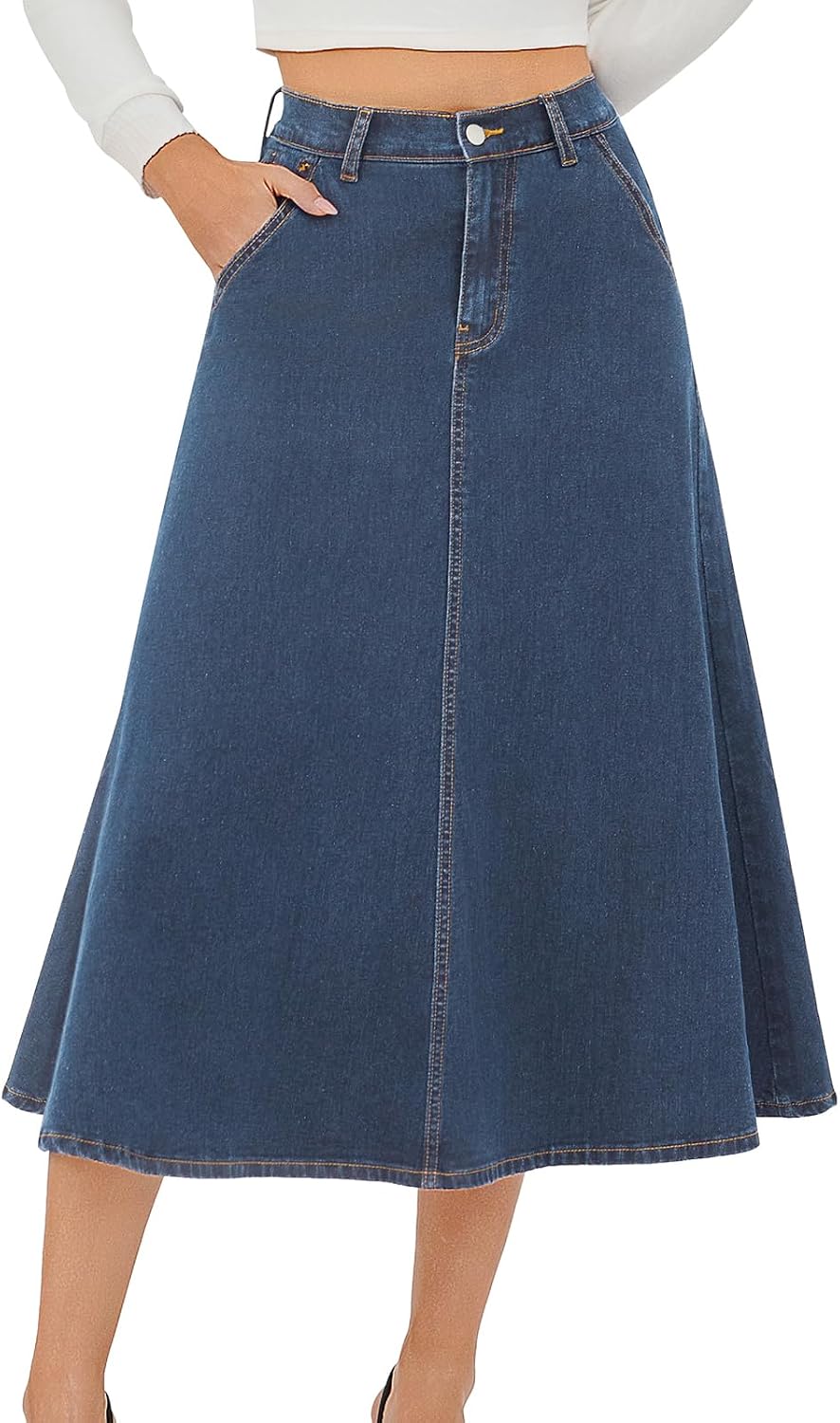 HUSKARY Women’s Stretchy High Wasited A Line Long Maxi Jean Skirt Below Knee Length Flared Midi Denim Skirts with Pockets