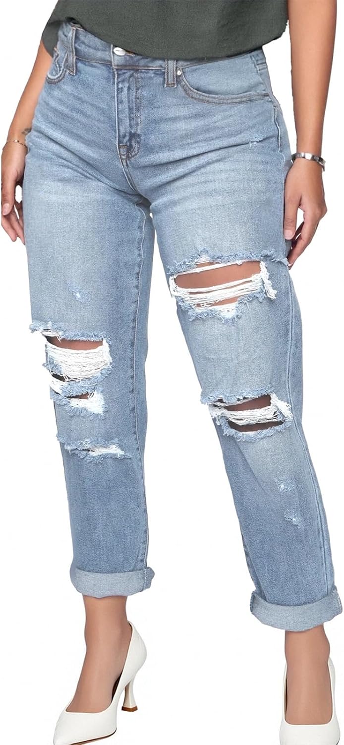 SheKiss 2026 Womens High Waist Denim Jeans Shaping Legs Distressed Boot Cut Ripped Trendy Cropped Cargo Skinny Stretch Pants