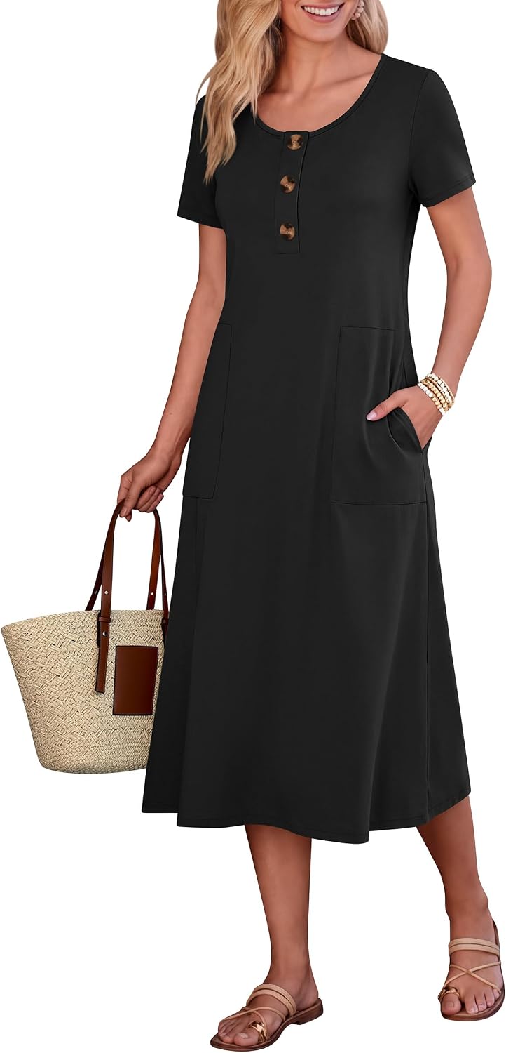ANRABESS Women’s Summer Midi Dress Short Sleeve Button Up Crewneck Casual 2026 Beach Vacation Loose Dresses with Pockets