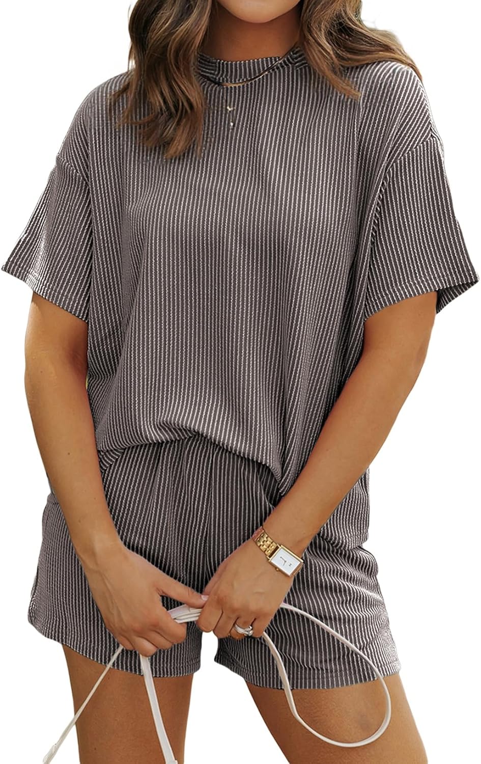 SHEWIN Two Piece Sets for Women Summer Short Sleeve Shirts High Waisted Shorts with Pockets Pajamas Lounge Matching Set