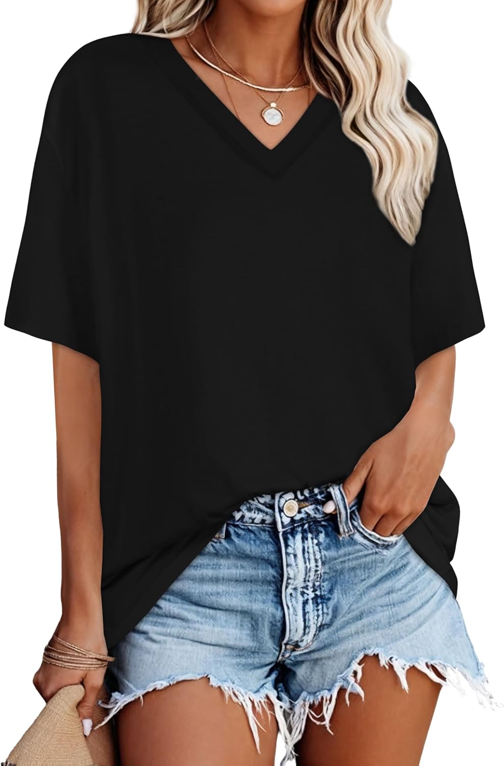 Oversized Tshirts for Women V Neck Short Sleeve Summer Casual Basic Loose Tops 2026
