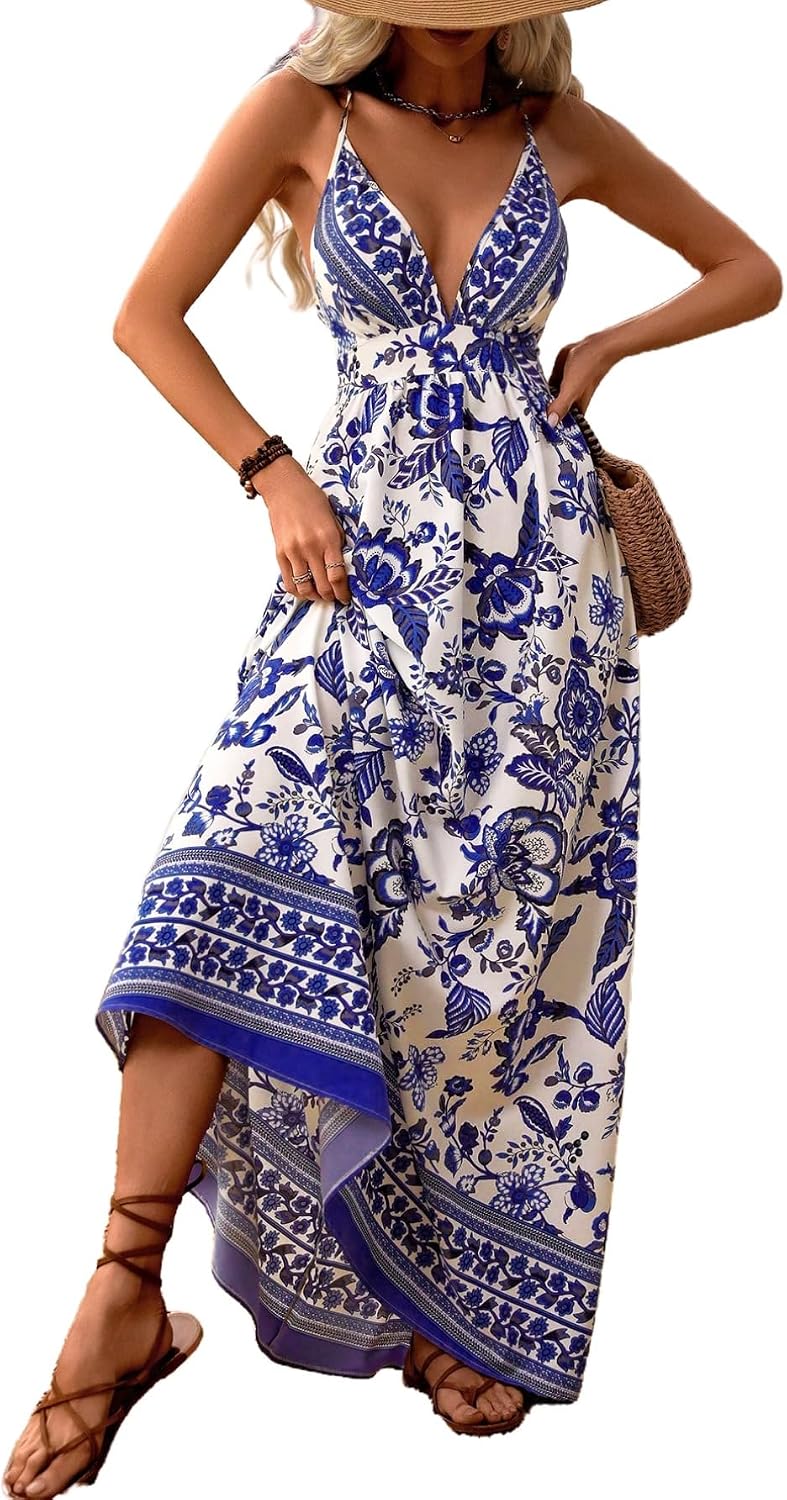 MakeMeChic Women’s Boho Maxi Dress Summer Luau Outfits Beach Wedding Guest Backless Sundress Flowy Resort Wear