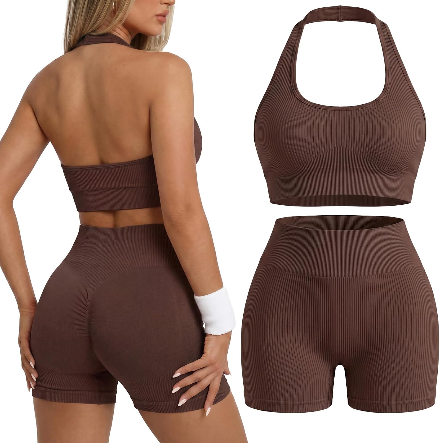 Coume Womens 2 Piece Workout Set Halter Sports Bra Booty High Waisted Biker Shorts Seamless Ribbed Yoga Gym Active Outfits