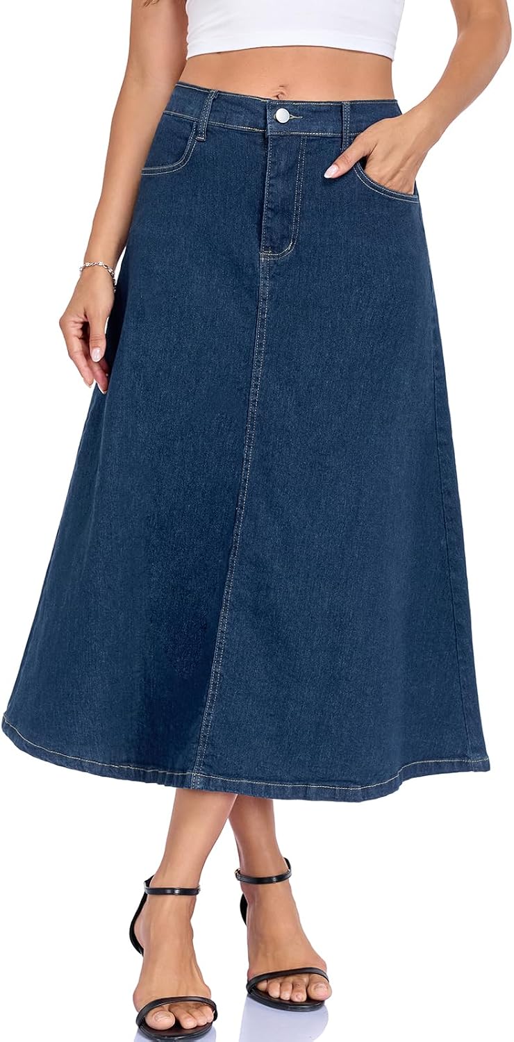 Denim Skirt for Women Strechy High Wasited A Line Casual Midi Jean Skirts with Pockets