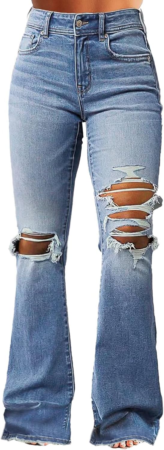 Flamingals Women’s Bell Bottom Jeans Flare Distressed Ripped Stretchy Mid Rise Bootcut Denim Jeans