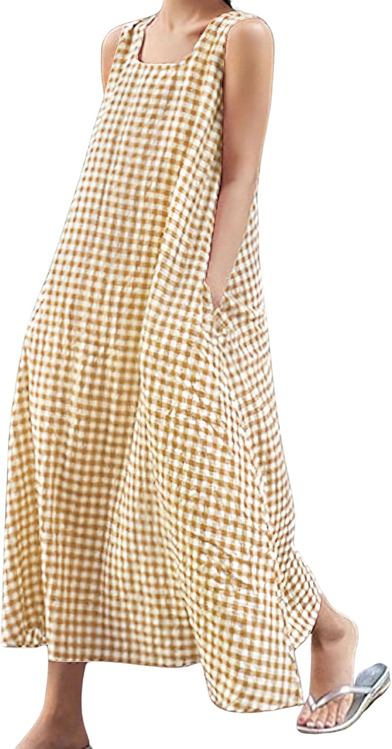 chouyatou Women’s Summer Casual Loose-Fit Cotton Plaid Tank Maxi Dress with Pockets Boho Beach Sundress
