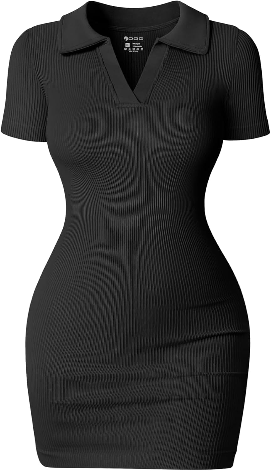 OQQ Women’s Mini Dresses Sexy Ribbed Short Sleeve Tummy Control Bodycon Mini Dress