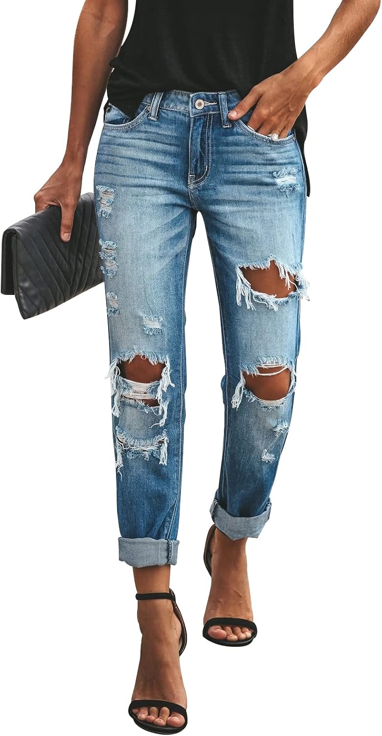 KUNMI Women’s Ripped Mid Waisted Boyfriend Jeans Loose Fit Distressed Stretchy Denim Pants