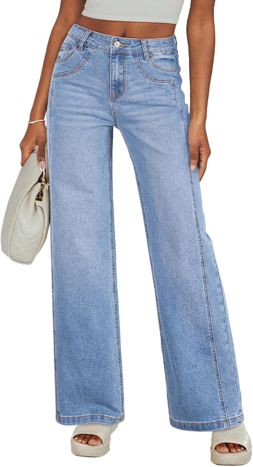 Sidefeel Wide Leg Jeans for Women High Waisted Stretchy Jeans Straight Leg Trendy Patchwork Denim Pants with Oversized Fit