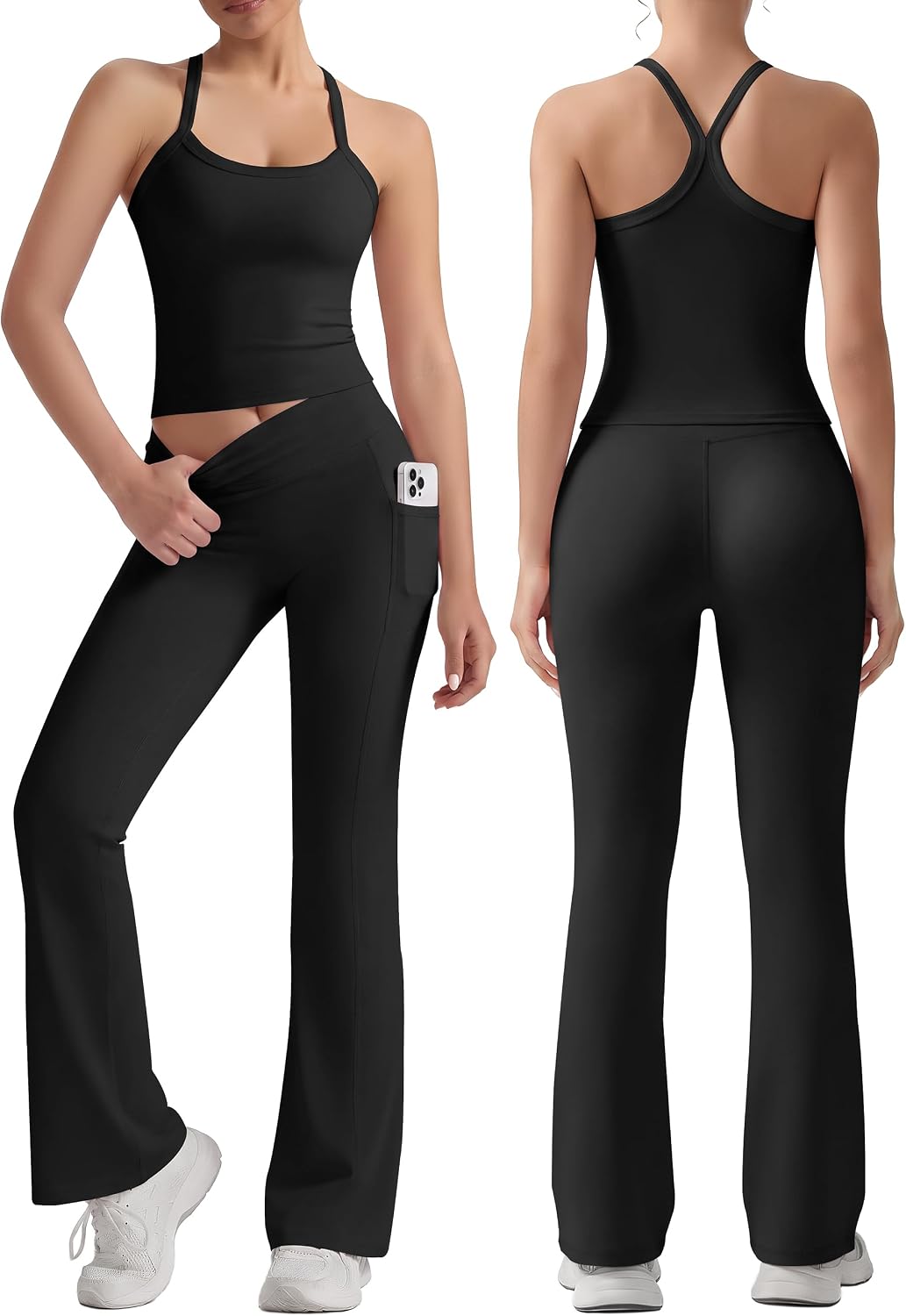 VVX Women 2 Piece Workout Sets High Waisted Flare Leggings with Pockets Matching Cross Back Tank Top with Contrast Trim