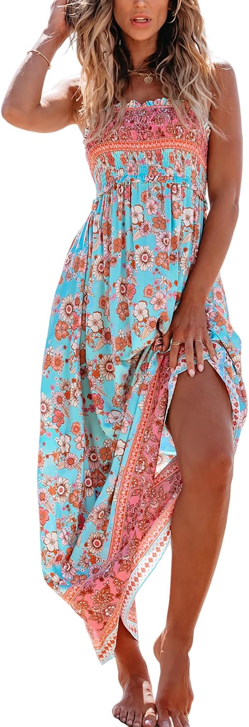 CUPSHE Women Spaghetti Straps Boho Maxi Dress Summer Sleeveless Smocked Floral Beach Long Dress Flowy Cruise Vacation Outfits