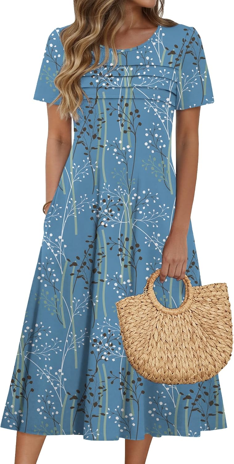 Zeagoo Womens Casual Dresses for Summer Short Sleeve Flare Midi Dress Loose Beach Sundress Pleated Front Dress with Pockets