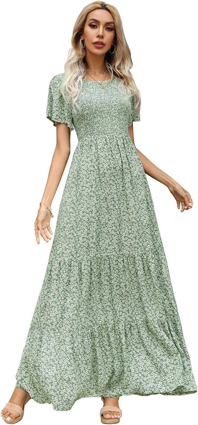 Kranda Women 2025 Summer Fall Crewneck Short Sleeve Smocked Floral Maxi Dress