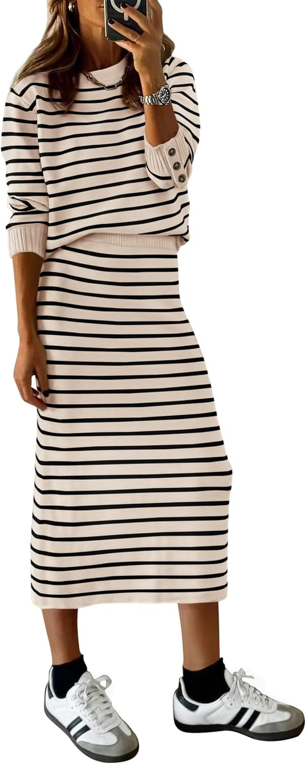 PRETTYGARDEN 2 Piece Skirts Sets for Women Fall Fashion 2026 Striped Sweater Dress Knit Lounge Travel Outfits Winter Clothing