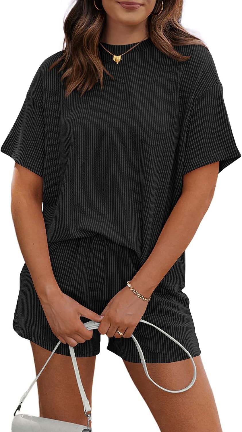 RUBZOOF Women’s 2 Piece Sets Short Sleeve Outfits Ribbed Textured Knit Lounge Shorts Set Oversized Tracksuit Matching Sets