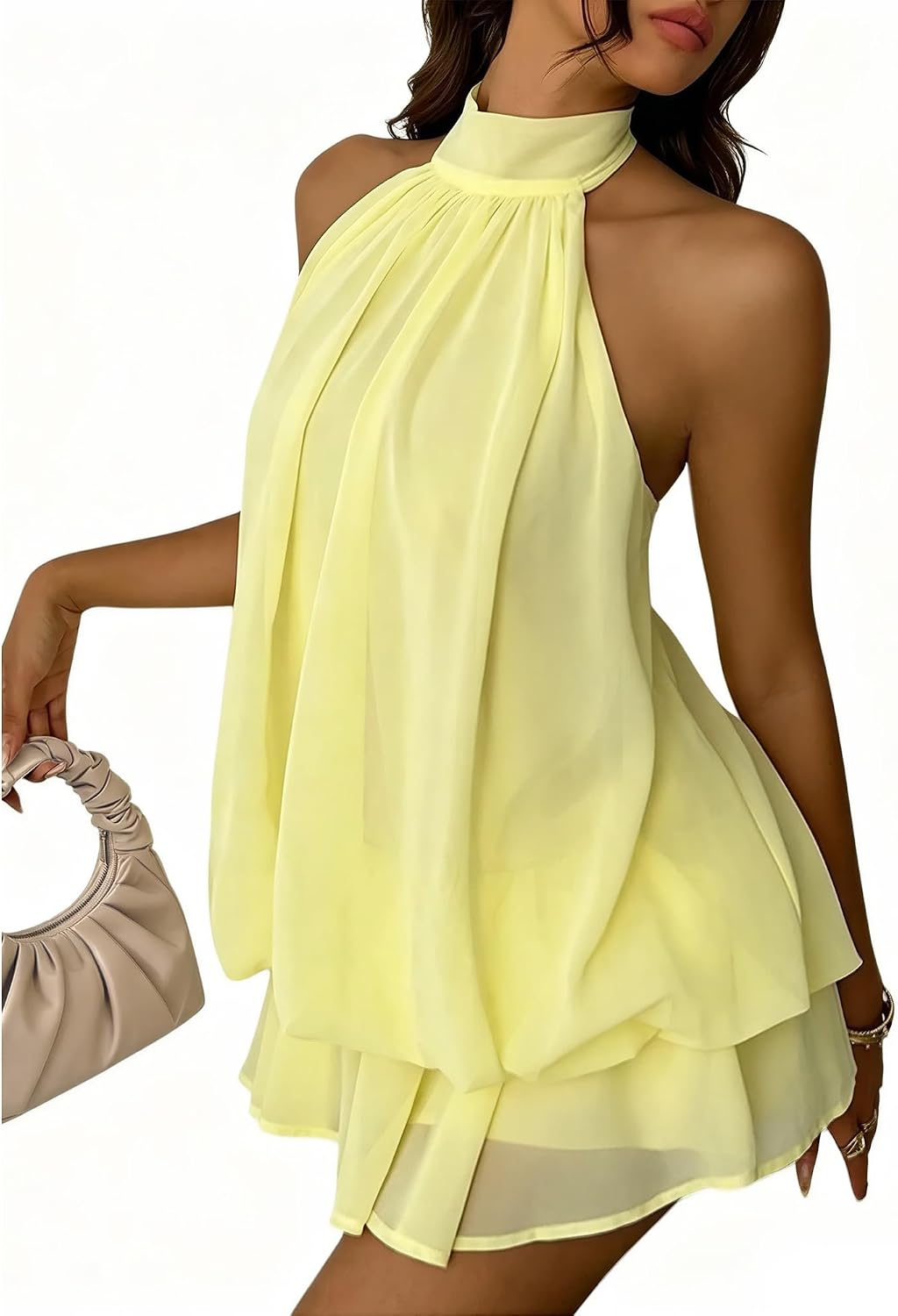 Halter Dress for Women Chiffon Drop Waist Wedding Guest Dresses Flowy Ruffle Mini Dress Brunch Going Out Dresses Cute Dresss