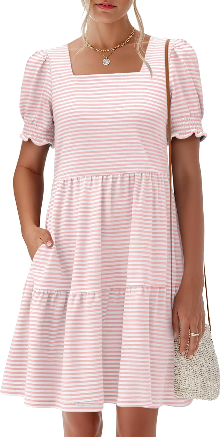 ANRABESS Women Summer Square Neck Puff Short Sleeve Mini Dress 2026 Casual Flowy Sundress Beach Vacation Clothes with Pockets