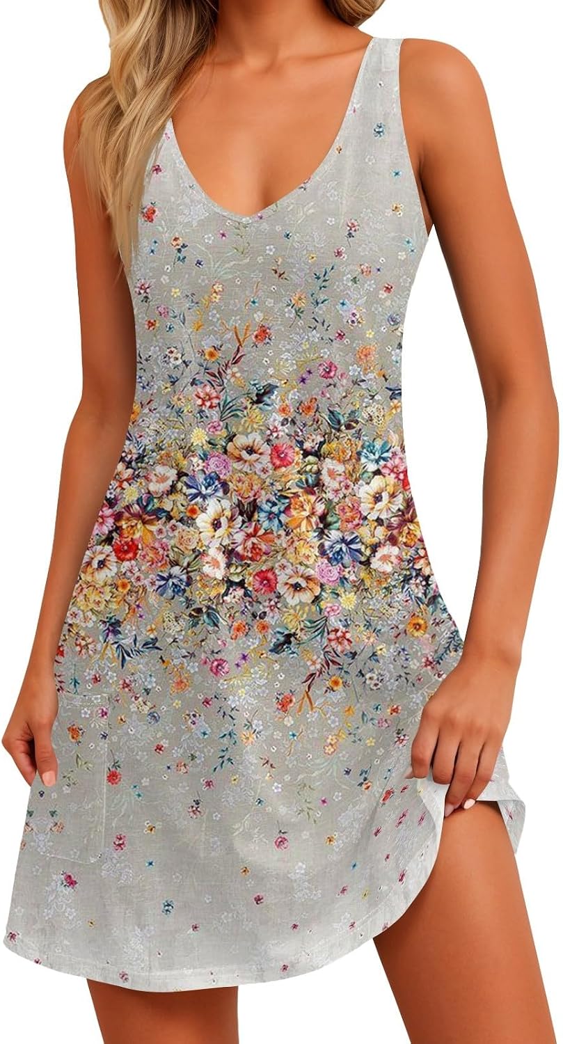 MKLUNJOP Summer Dresses for Women 2026 Casual Sundresses Sleeveless V Neck Sundress Boho Tank Beach Dress with Pockets