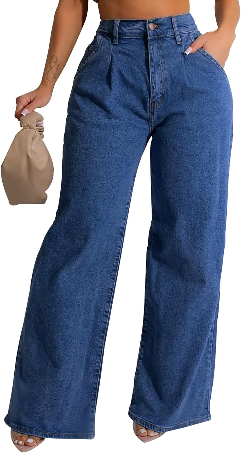 FairBeauty Women’s Straight Leg High Waist Baggy Denim Jeans Loose Boyfriend Casual Stretchy Jeans