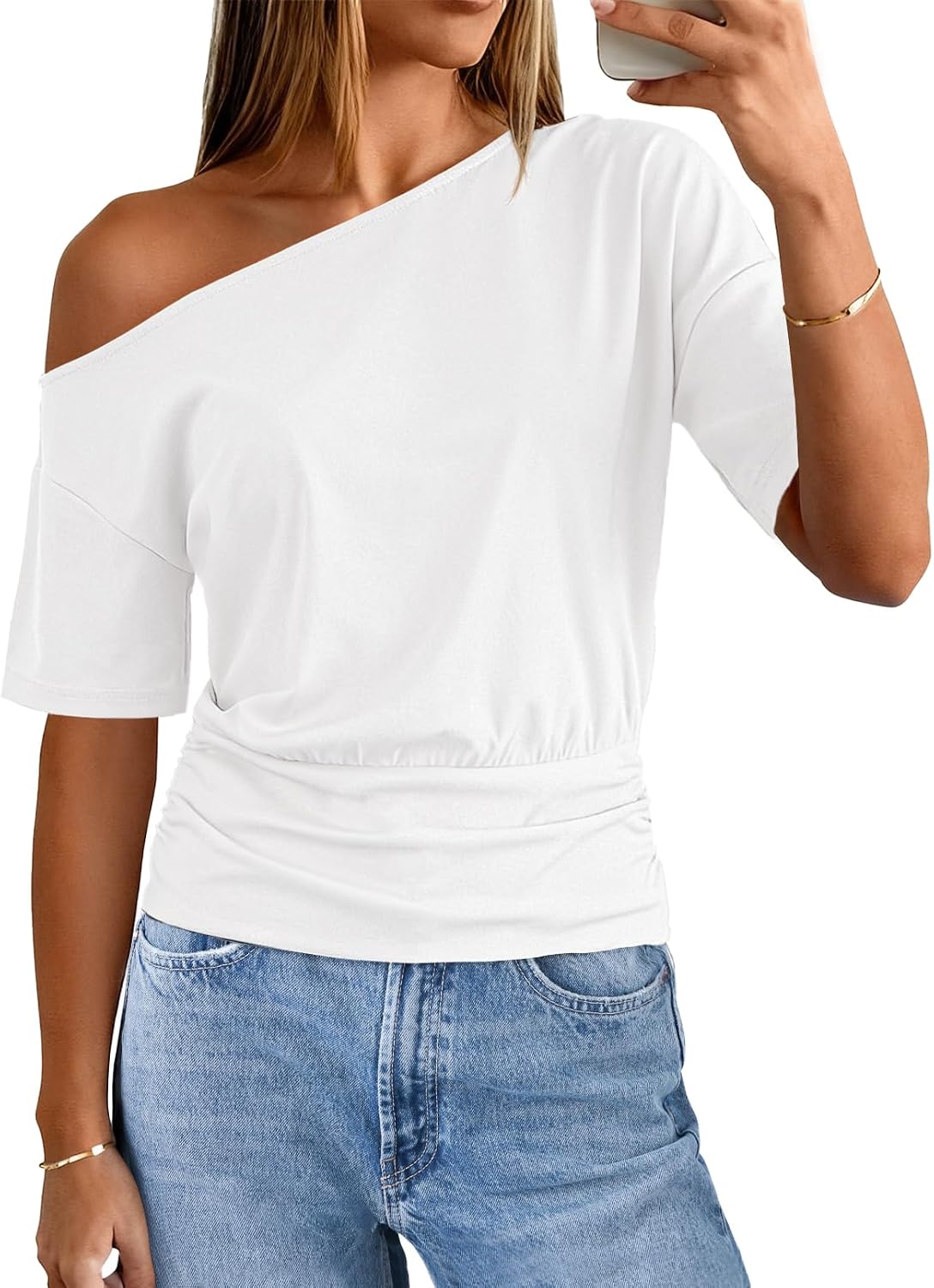 MEROKEETY Women’s Off The Shoulder Short Sleeve Tops 2026 Summer Casual Going Out Trendy Y2k T Shirts