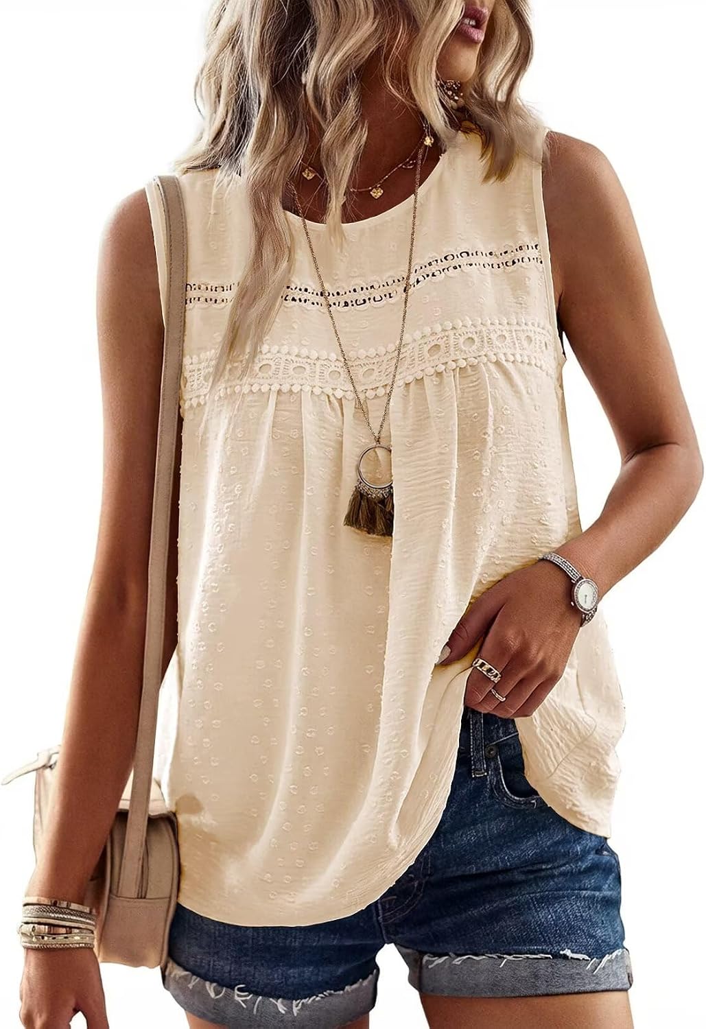 Falechay Womens Summer Tops Boho Shirts Crewneck Sleeveless Tank Tops Flowy Lace Hem Casual Blouses Clothing Trendy 2026