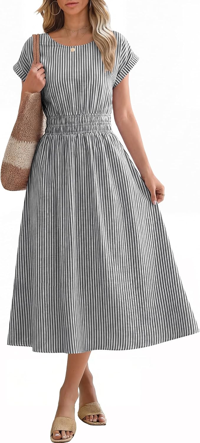 ANRABESS Womens Summer Midi Dress Striped Casual Short Sleeve Crewneck Empire Waist 2026 Flowy Long Beach Dress with Pockets