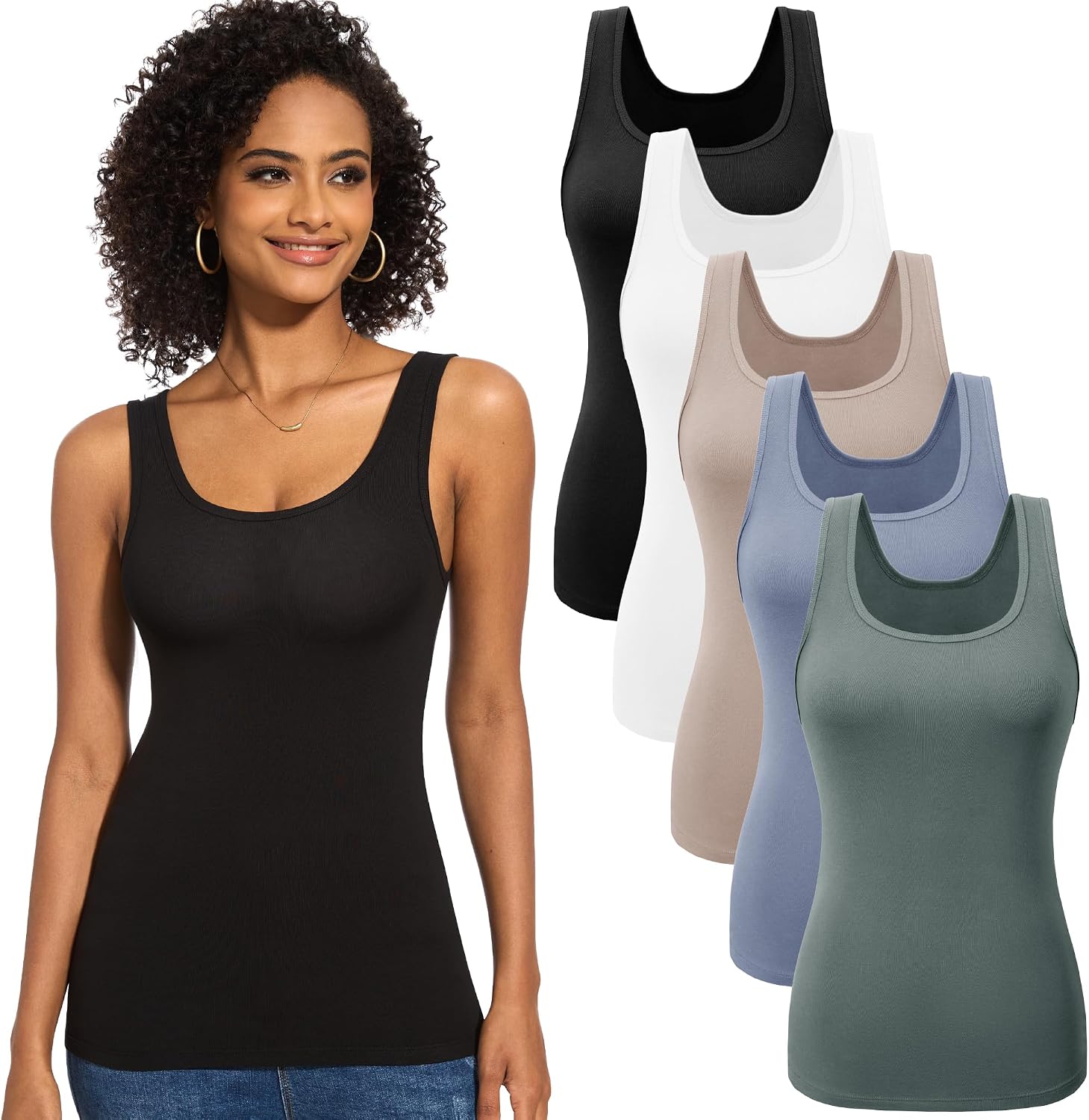 TVKSOM 5 Pack Basic Tank Tops for Women Undershirt Ribbed Sleeveless Scoop Neck Casual Layering Basic Tanks Top